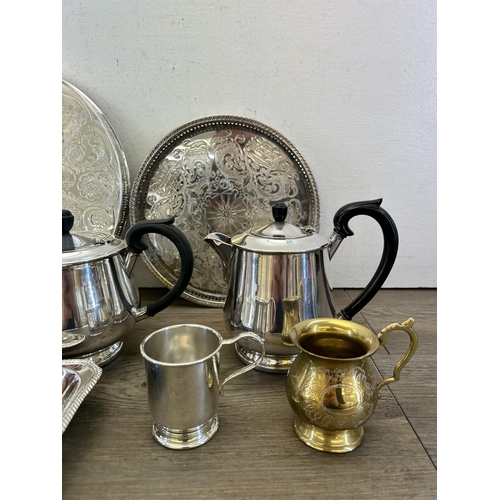 404 - A collection of metalware to include Falstaff silver plated four piece tea and coffee set, Viners si... 