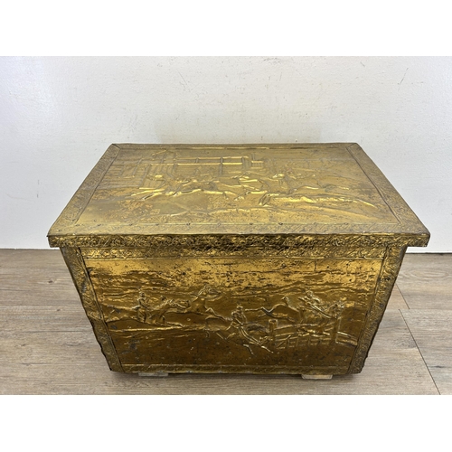 406 - A mid 20th century embossed brass coal box - approx. 32cm high x 45cm wide x 29cm deep