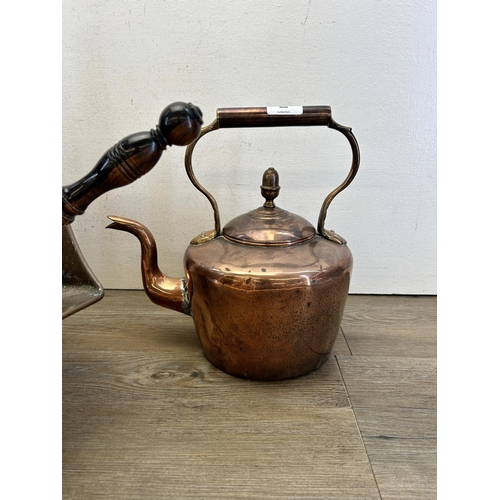 408 - Three pieces of antique metalware, one Arts & Crafts copper coal scuttle on pedestal base, one match... 