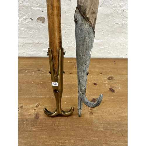 413 - Two antique boat hooks, one brass tip and one with galvanised tip