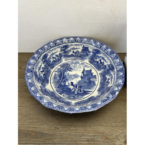 366A - An antique Cauldon England blue and white transfer printed water jug and bowl with horse and chariot... 