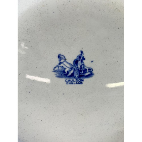 366A - An antique Cauldon England blue and white transfer printed water jug and bowl with horse and chariot... 