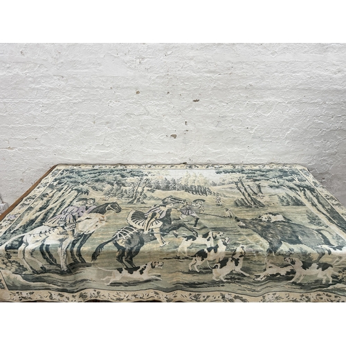 489 - A vintage hand woven wall hanging depicting a hunting scene - approx. 123cm high x 181cm wide