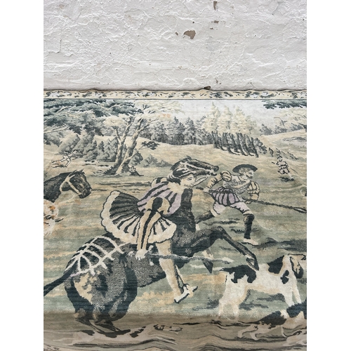 489 - A vintage hand woven wall hanging depicting a hunting scene - approx. 123cm high x 181cm wide