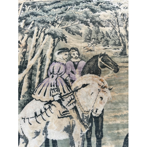 489 - A vintage hand woven wall hanging depicting a hunting scene - approx. 123cm high x 181cm wide