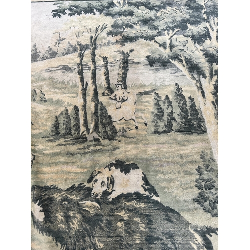 489 - A vintage hand woven wall hanging depicting a hunting scene - approx. 123cm high x 181cm wide