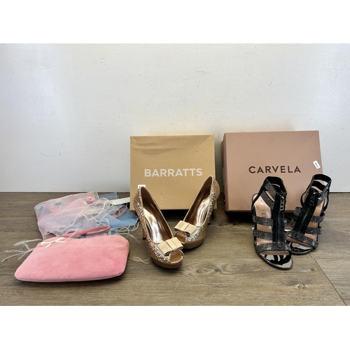 493 - Three boxed pieces of ladies fashion, one pair of Barratts size 3 heels, one pair of Carvela size 36... 