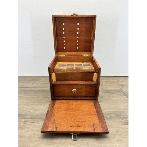 515 - A vintage Cheney oak drop front storage box with key - approx. 26cm high x 25cm wide x 23cm deep