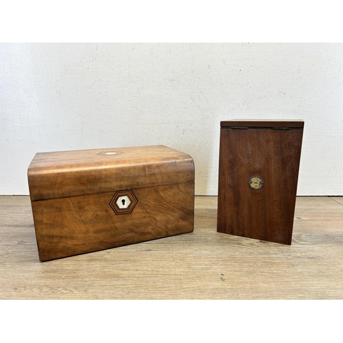 519 - Two 19th century and later storage boxes, one walnut and mother of pearl inlaid sewing box and one r... 