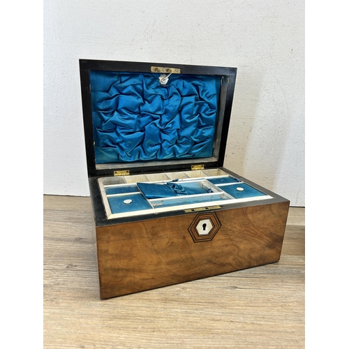 519 - Two 19th century and later storage boxes, one walnut and mother of pearl inlaid sewing box and one r... 