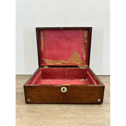 521 - A 19th century rosewood and mother of pearl inlaid work box - approx. 12cm high x 30cm wide x 22.5cm... 