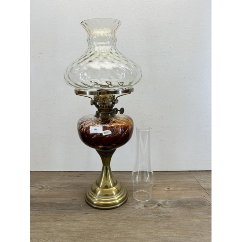 531 - An early 20th century Duplex brass oil lamp with glass reservoir and shade - approx. 56cm high