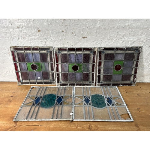 539 - Five 1930s stained and leaded glass windows - approx. 39cm square