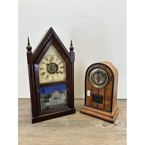 546 - Two early 20th century clocks, one mantel and one wall mounting with hand painted scene - largest ap... 