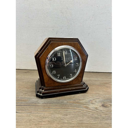 547 - An Art Deco Mappin & Webb walnut cased mantel clock with key - approx. 15cm high