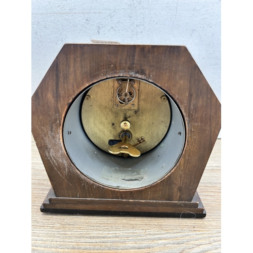 547 - An Art Deco Mappin & Webb walnut cased mantel clock with key - approx. 15cm high