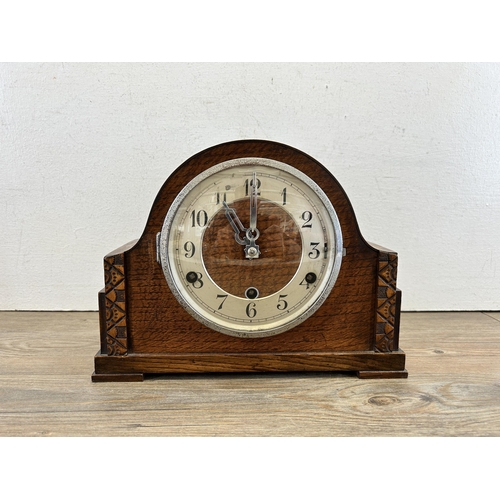 548 - A 1930s G.H. Bird of Hanley oak cased Westminster chime mantel clock with key - approx. 22cm high