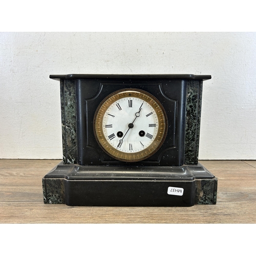 549 - A 19th century slate and marble chiming mantel clock with enamel dial and pendulum - approx. 22cm hi... 