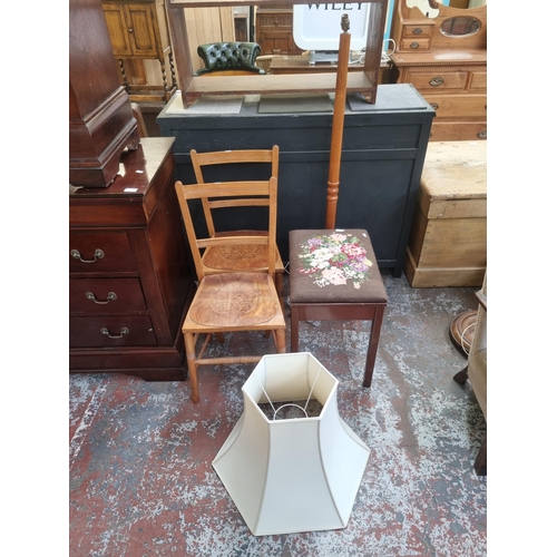 96 - Four items, two early 20th century Luterma beech and plywood dining chairs, one teak standard lamp a... 