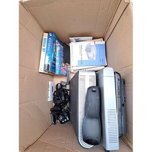 674 - A box containing an LG TV, two laptops, a Sony DVD player, a Sky box with remote etc.