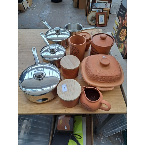 695 - A collection of kitchenware to include three Tagus 18/10 stainless steel saucepans, The Original Suf... 