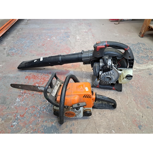 764 - Two petrol gardening tools, one Stihl MS170 chainsaw and one Mountfield leaf blower