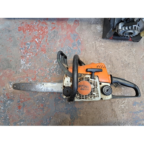 764 - Two petrol gardening tools, one Stihl MS170 chainsaw and one Mountfield leaf blower