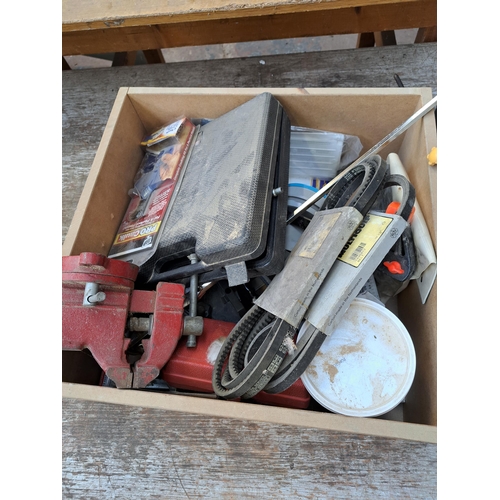 781 - Two boxes containing tools to include cased Sealey air nail gun, cast iron bench vice, Spear & Jacks... 