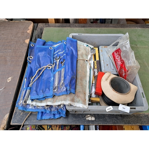 783 - A collection of tools to include three large spanner sets, cased drill bit set, boxed hand riveter s... 