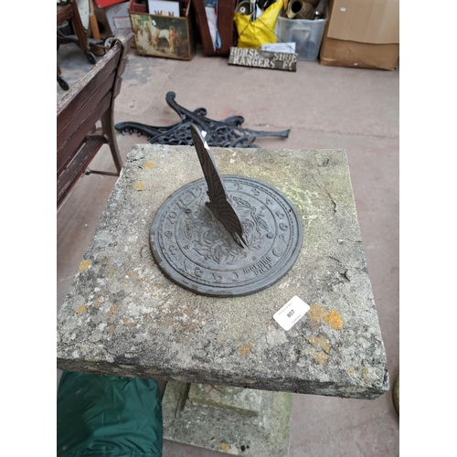 807 - A cast stone and metal pedestal sun dial - approx. 85cm high