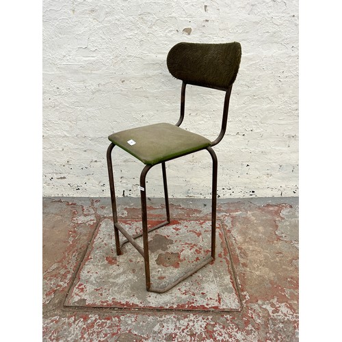 120 - A mid 20th century tubular metal and green fabric upholstered industrial stool - approx. 96cm high