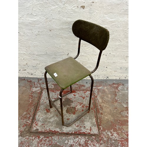 120 - A mid 20th century tubular metal and green fabric upholstered industrial stool - approx. 96cm high