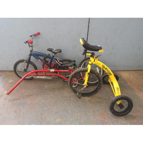 729 - Three children's bike, one unicycle with stabilisers, and two others