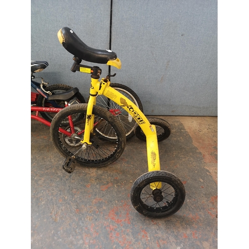 729 - Three children's bike, one unicycle with stabilisers, and two others