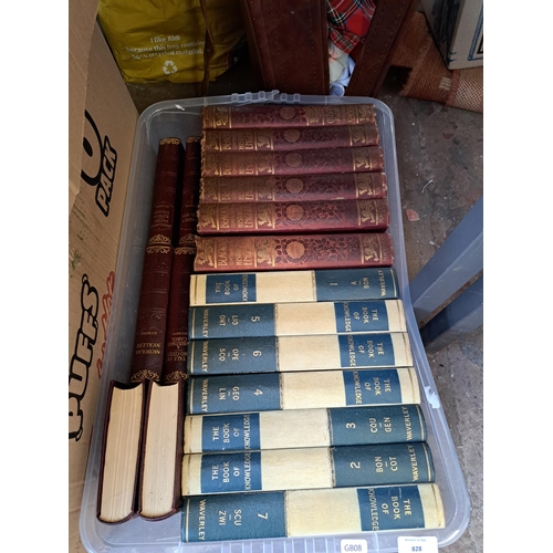 828 - Two boxes containing a large collection of 19th century and later hardback books etc.