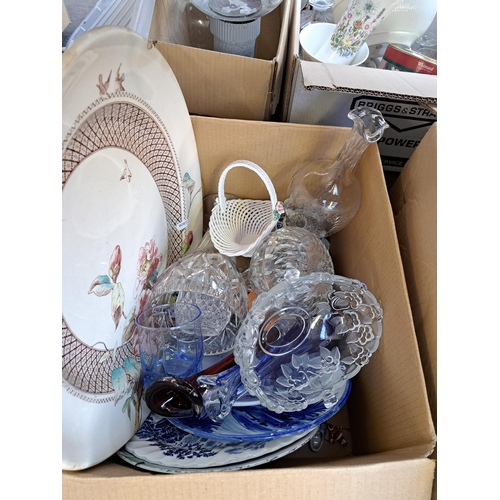 836 - Four boxes containing two art glass hand blown vases, ceramic wicker basket, two branch silver plate... 