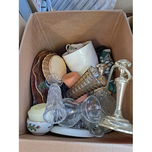 836 - Four boxes containing two art glass hand blown vases, ceramic wicker basket, two branch silver plate... 