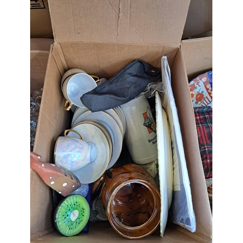 836 - Four boxes containing two art glass hand blown vases, ceramic wicker basket, two branch silver plate... 