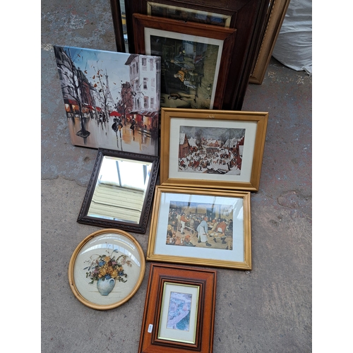 839 - A collection of framed pictures and mirrors to include gilt framed etc.