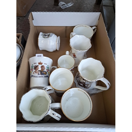 851 - Two boxes containing English bone china tea set and commemorative mugs together with nine Victorian ... 