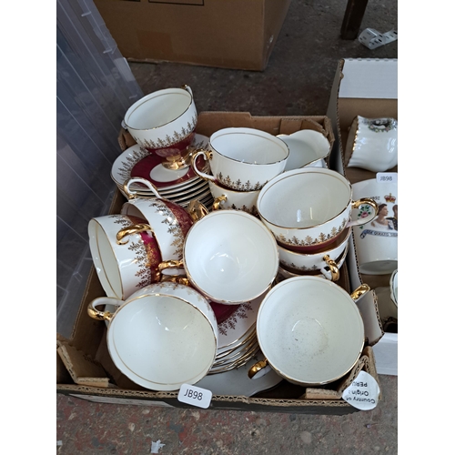 851 - Two boxes containing English bone china tea set and commemorative mugs together with nine Victorian ... 