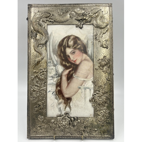 2301 - A vintage white metal photo frame with dragon design - approx. 37cm high x 24cm wide