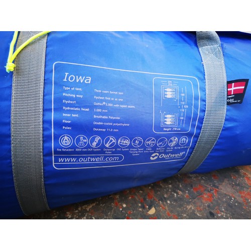 748A - Three pieces of camping equipment, one bagged Iowa three room tunnel tent and two camping beds