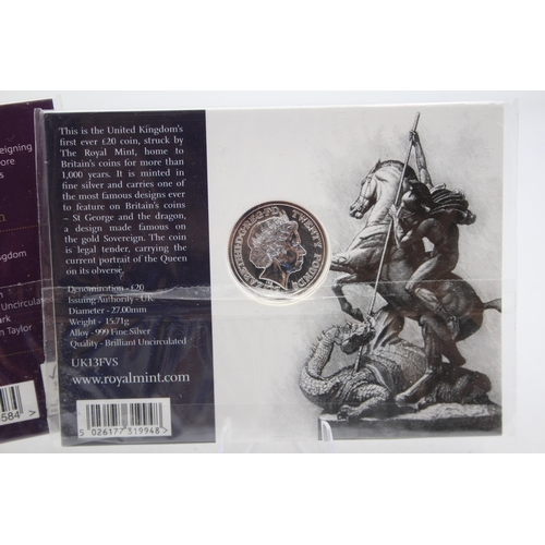 2288 - Two The Royal Mint £20 fine silver coins, one A Timeless First The George and The Dragon 2013 and on... 