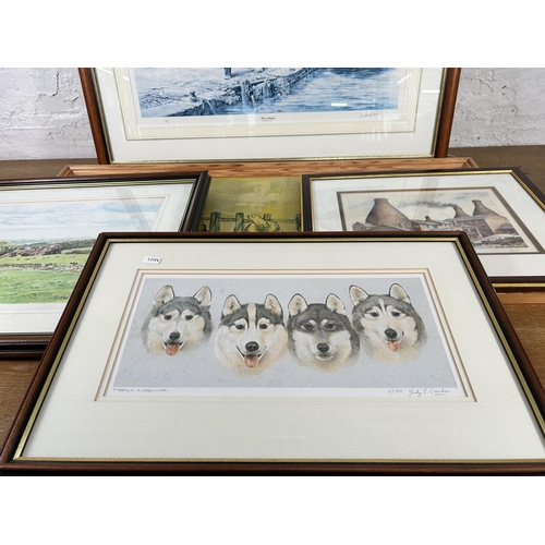 254 - Five framed pictures to include 1994 Jim Nixon 'View From Robin Hill, Biddulph Moor' watercolour, An... 