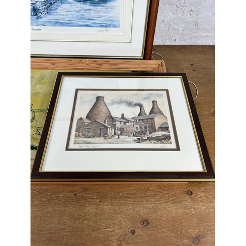 254 - Five framed pictures to include 1994 Jim Nixon 'View From Robin Hill, Biddulph Moor' watercolour, An... 