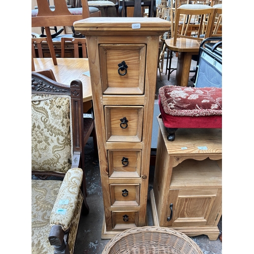 109 - Four pieces of furniture - pine chest of drawers, pine bedside cabinet, wicker basket and red floral... 