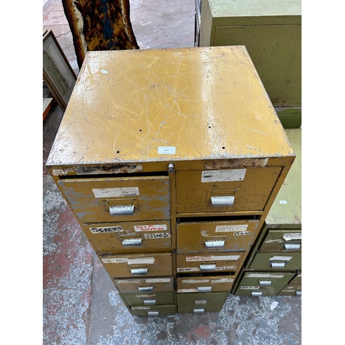 120 - A yellow and green painted twelve drawer index filing cabinet - approx. 131cm high x 52cm wide x 51c... 