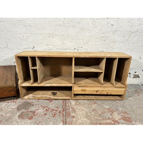 122 - Two items, one early 20th century oak stationary box and one late 19th/early 20th century pigeon hol... 