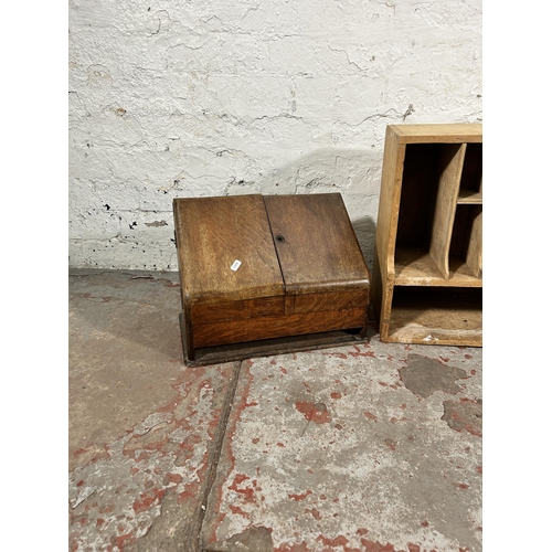 122 - Two items, one early 20th century oak stationary box and one late 19th/early 20th century pigeon hol... 